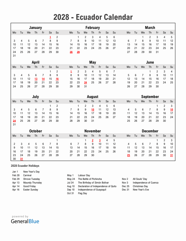 Year 2028 Simple Calendar With Holidays in Ecuador