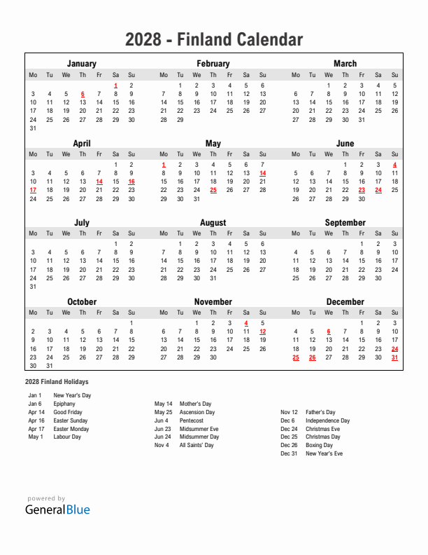 Year 2028 Simple Calendar With Holidays in Finland