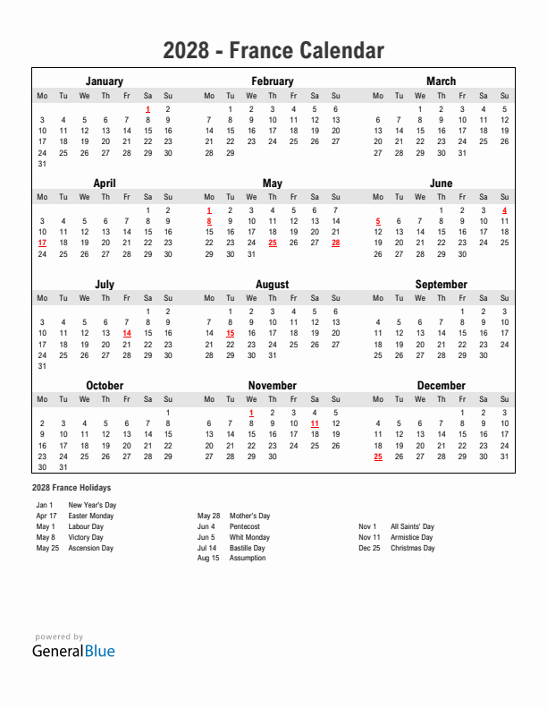 Year 2028 Simple Calendar With Holidays in France