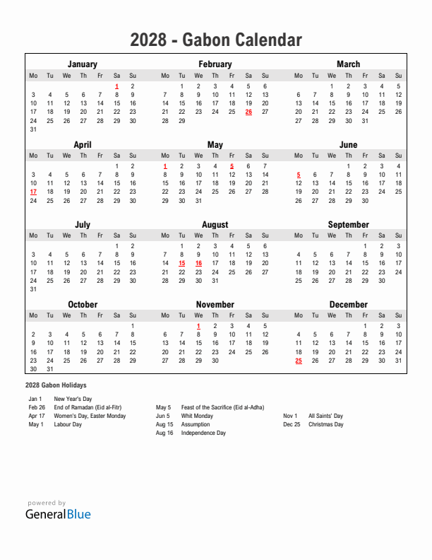 Year 2028 Simple Calendar With Holidays in Gabon