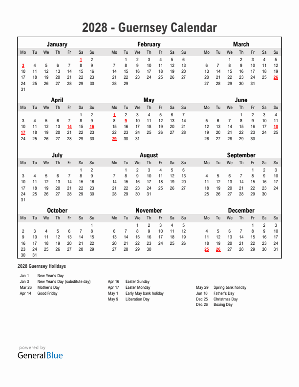 Year 2028 Simple Calendar With Holidays in Guernsey