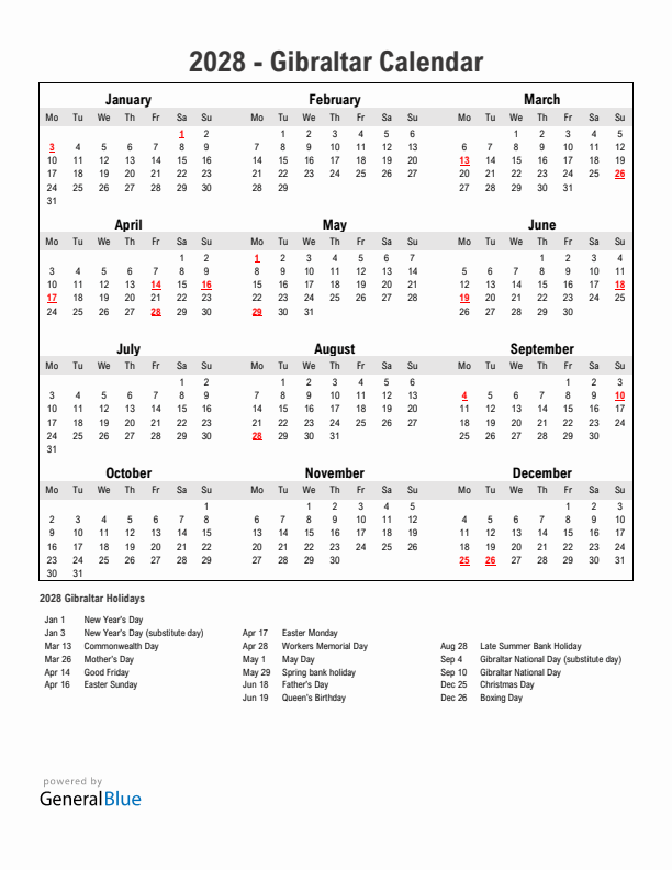 Year 2028 Simple Calendar With Holidays in Gibraltar