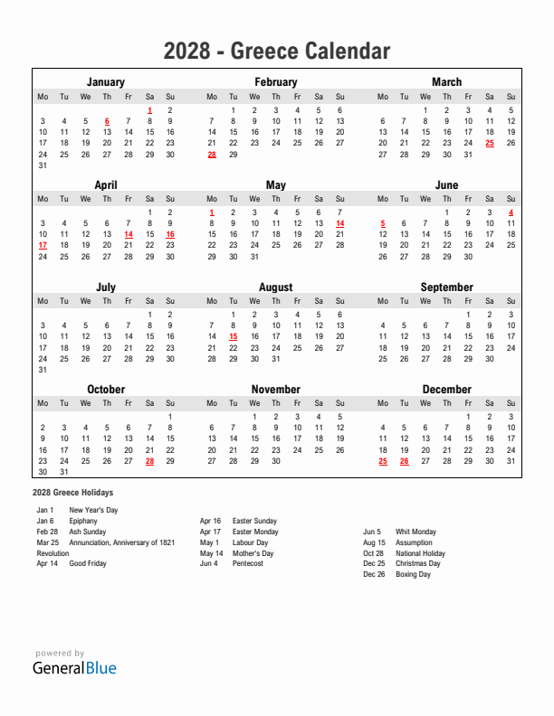 Year 2028 Simple Calendar With Holidays in Greece