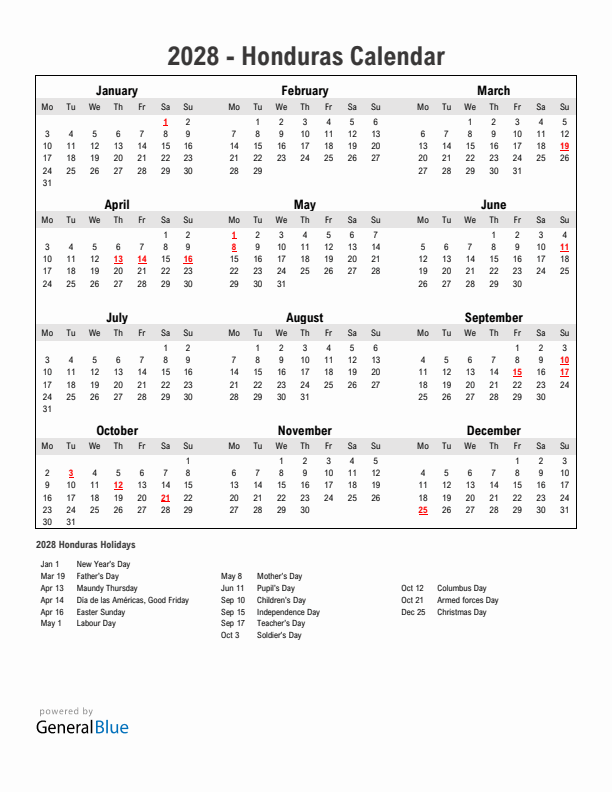 Year 2028 Simple Calendar With Holidays in Honduras