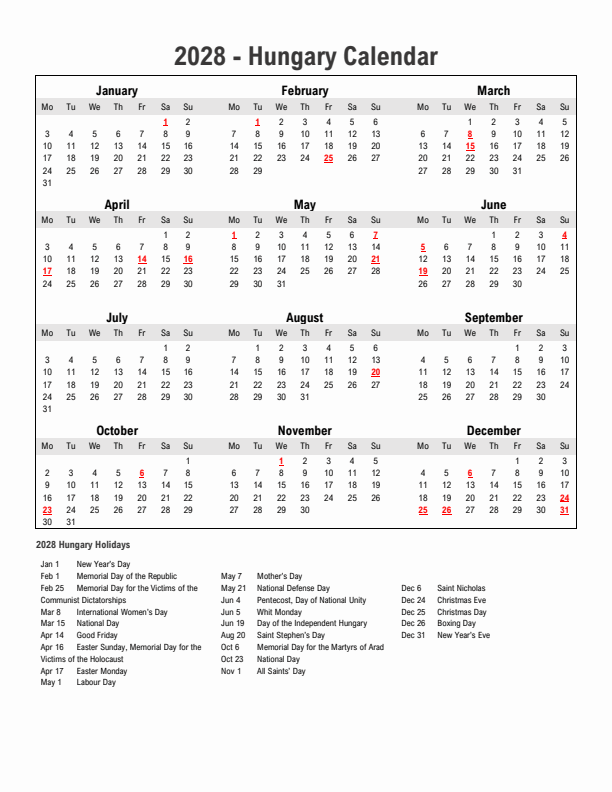 Year 2028 Simple Calendar With Holidays in Hungary