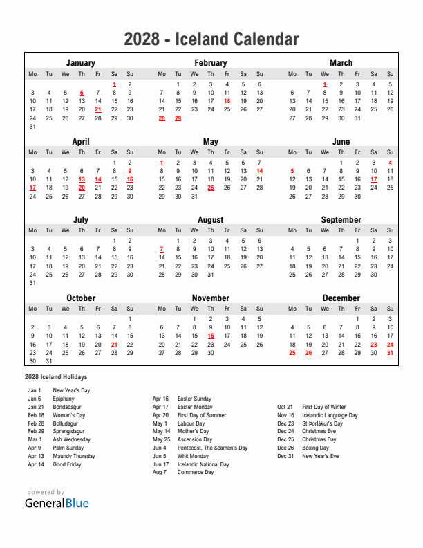 Year 2028 Simple Calendar With Holidays in Iceland