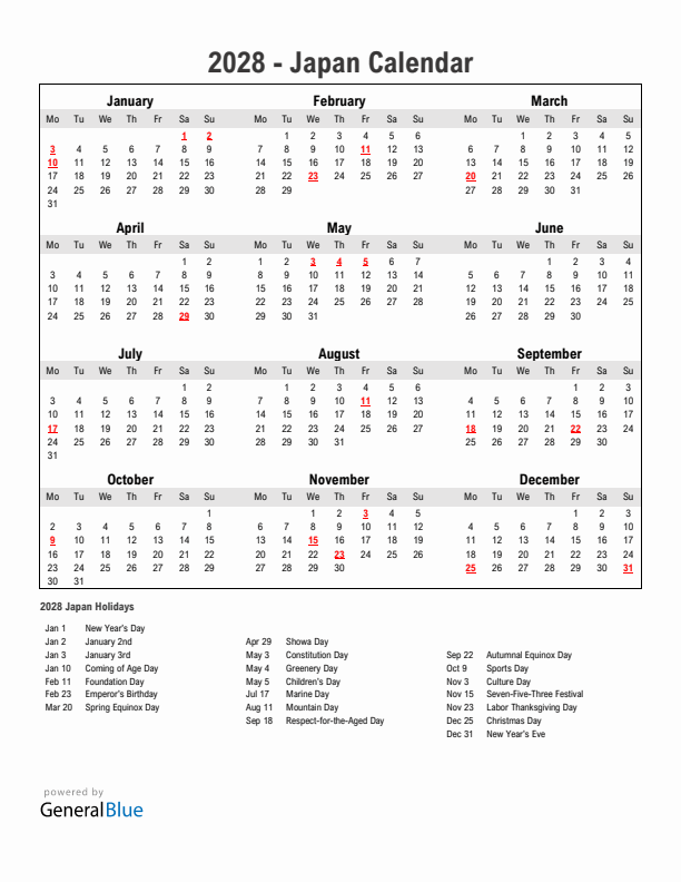 Year 2028 Simple Calendar With Holidays in Japan