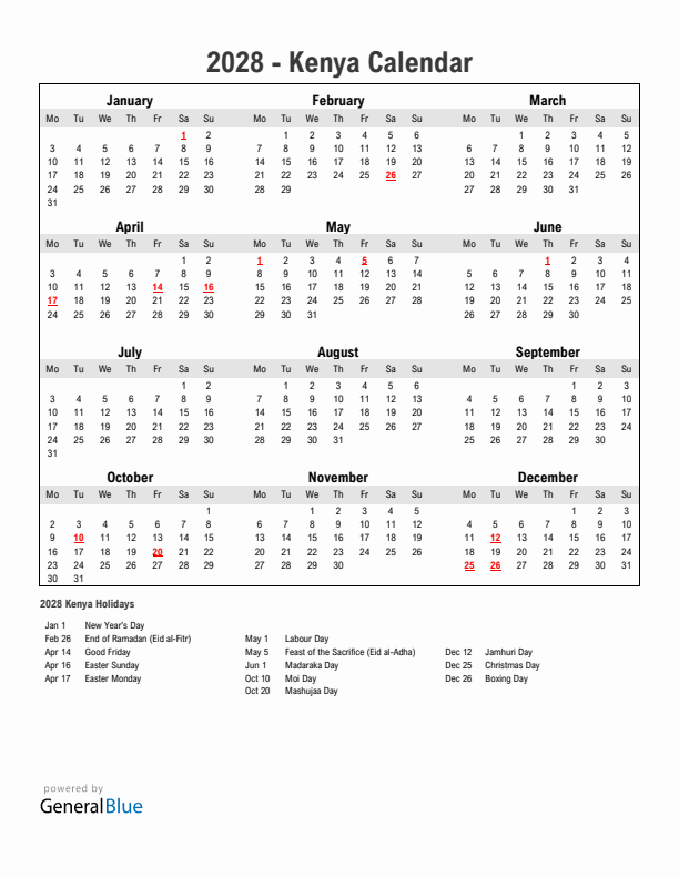 Year 2028 Simple Calendar With Holidays in Kenya