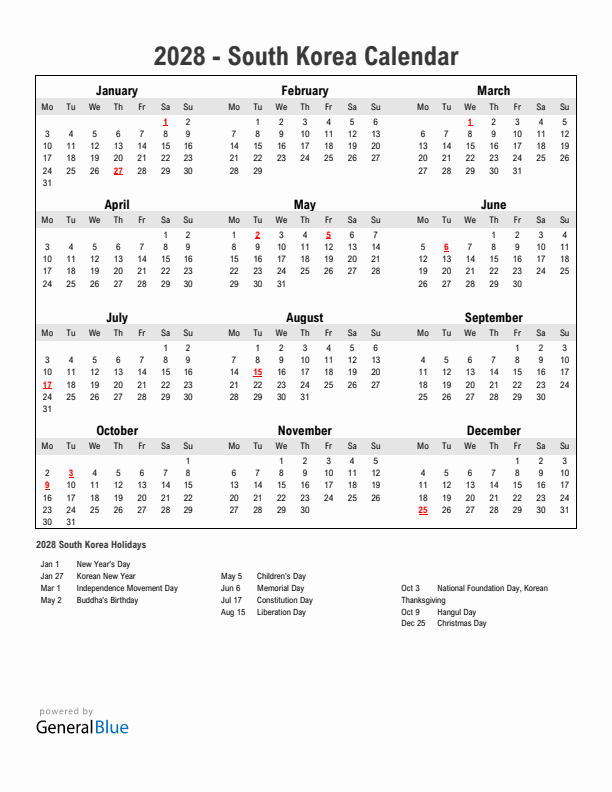 Year 2028 Simple Calendar With Holidays in South Korea