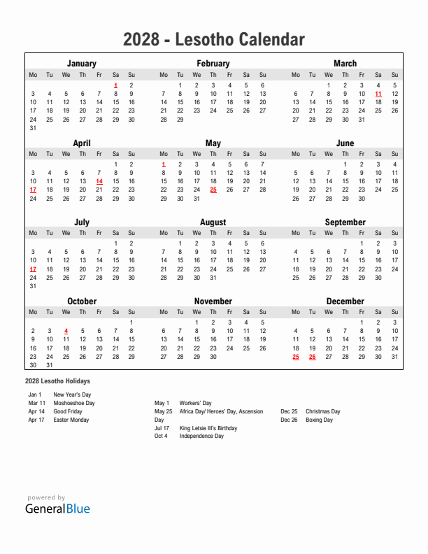 Year 2028 Simple Calendar With Holidays in Lesotho