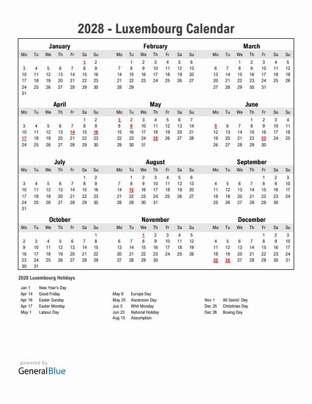 Year 2028 Simple Calendar With Holidays in Luxembourg