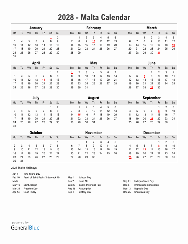 Year 2028 Simple Calendar With Holidays in Malta