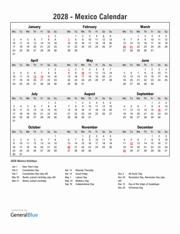 Year 2028 Simple Calendar With Holidays in Mexico