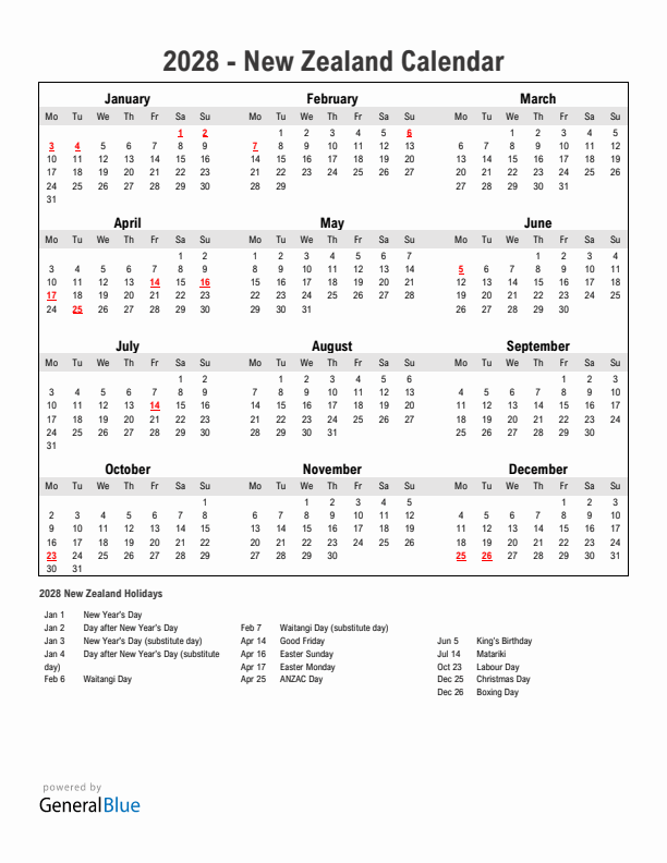 Year 2028 Simple Calendar With Holidays in New Zealand