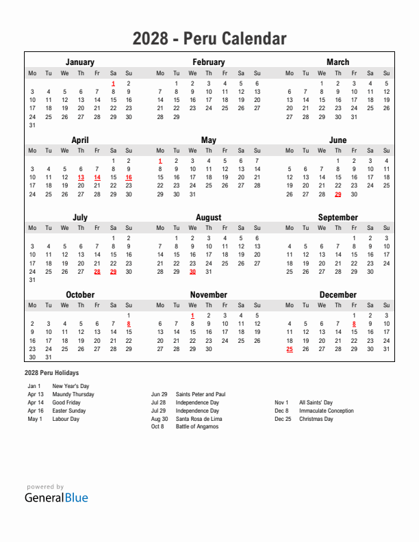 Year 2028 Simple Calendar With Holidays in Peru