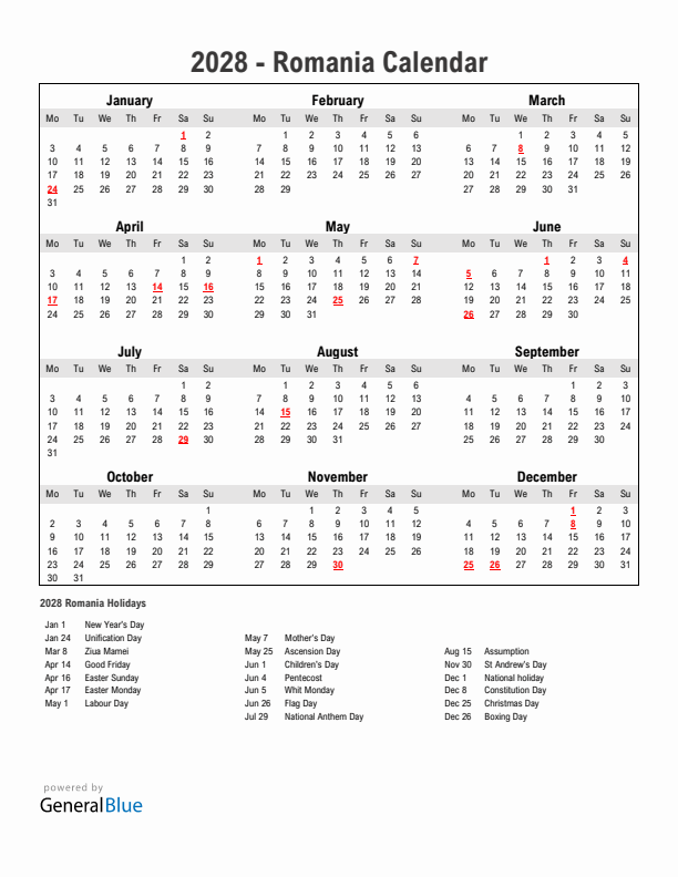 Year 2028 Simple Calendar With Holidays in Romania