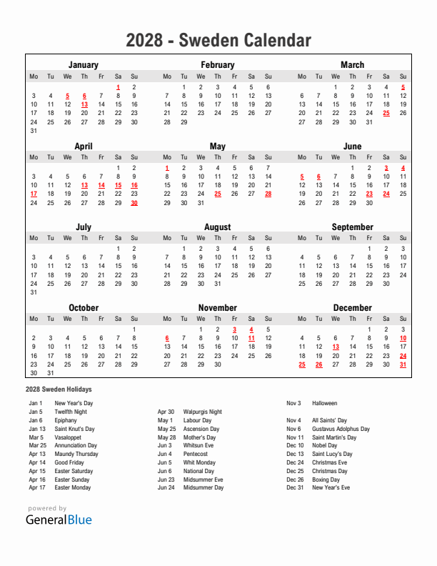 Year 2028 Simple Calendar With Holidays in Sweden