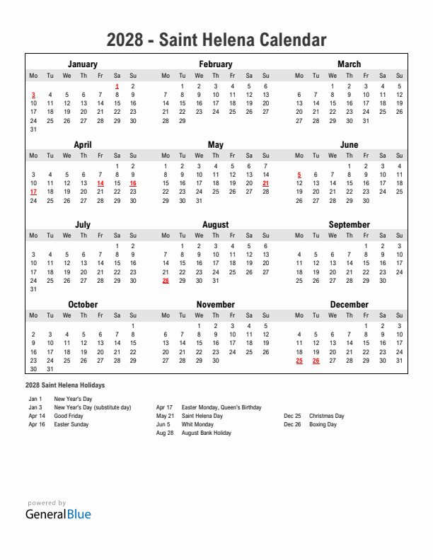 Year 2028 Simple Calendar With Holidays in Saint Helena