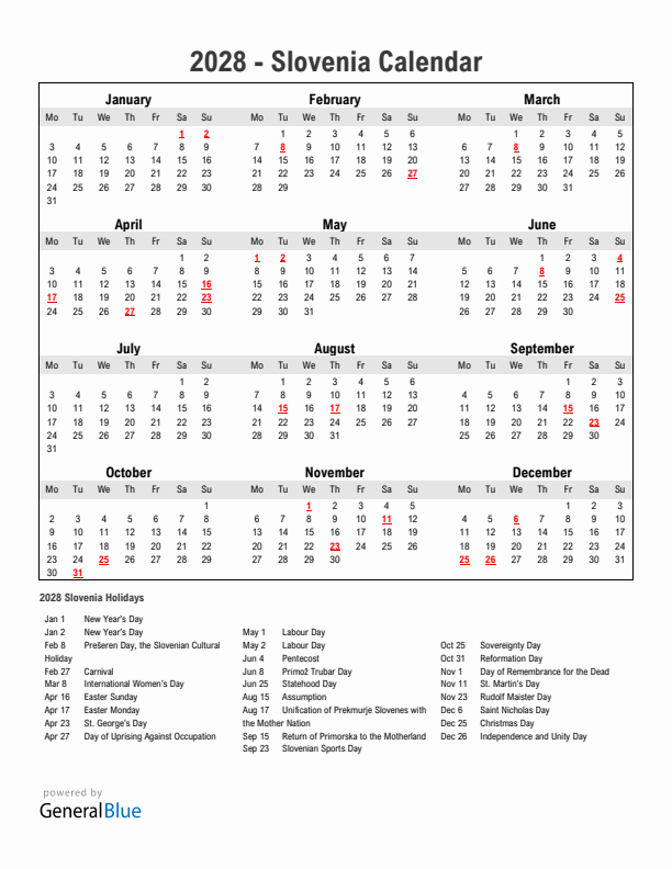 Year 2028 Simple Calendar With Holidays in Slovenia