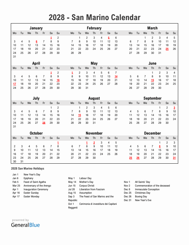 Year 2028 Simple Calendar With Holidays in San Marino