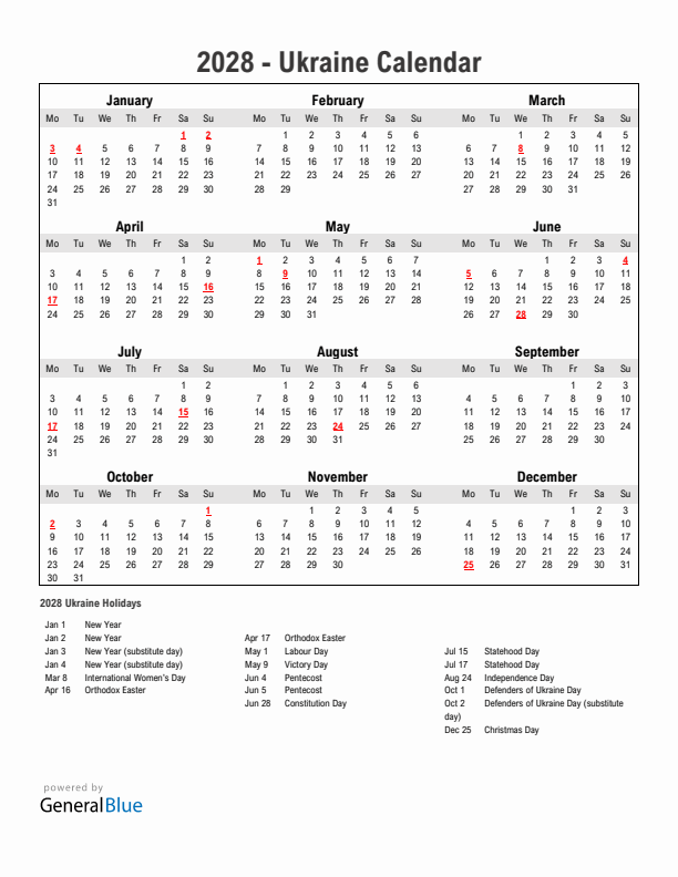 Year 2028 Simple Calendar With Holidays in Ukraine