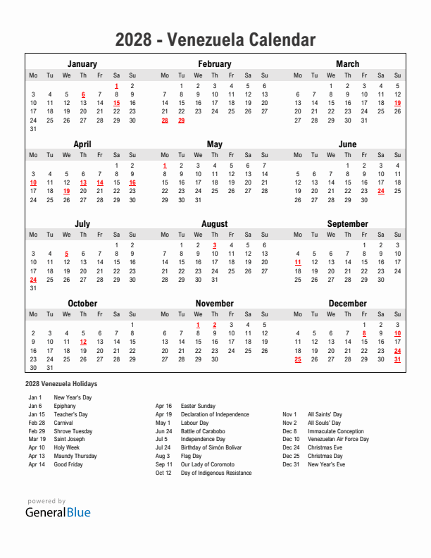 Year 2028 Simple Calendar With Holidays in Venezuela