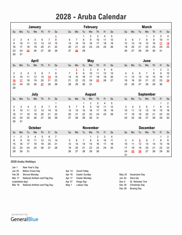 Year 2028 Simple Calendar With Holidays in Aruba