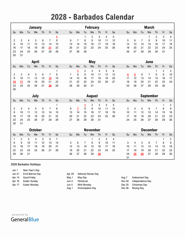 Year 2028 Simple Calendar With Holidays in Barbados