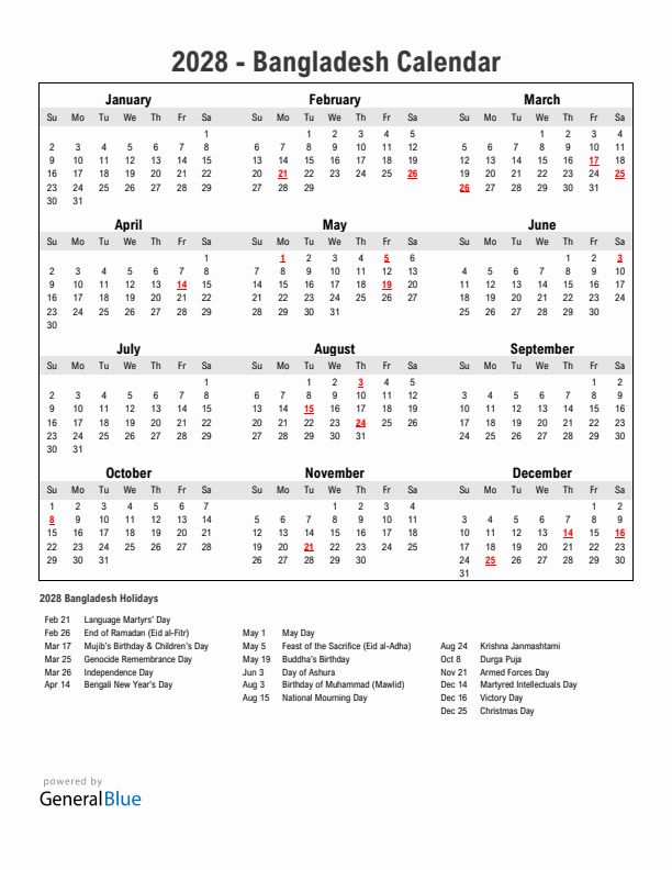 Year 2028 Simple Calendar With Holidays in Bangladesh