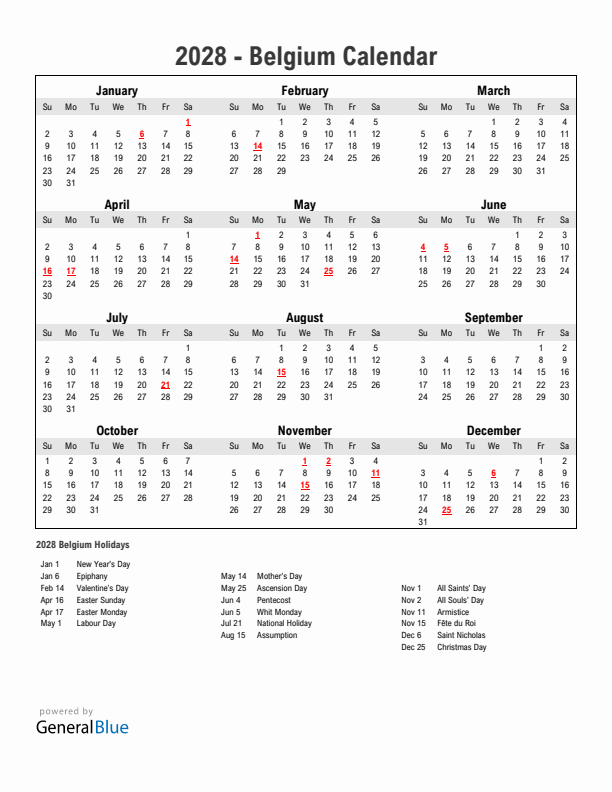 Year 2028 Simple Calendar With Holidays in Belgium