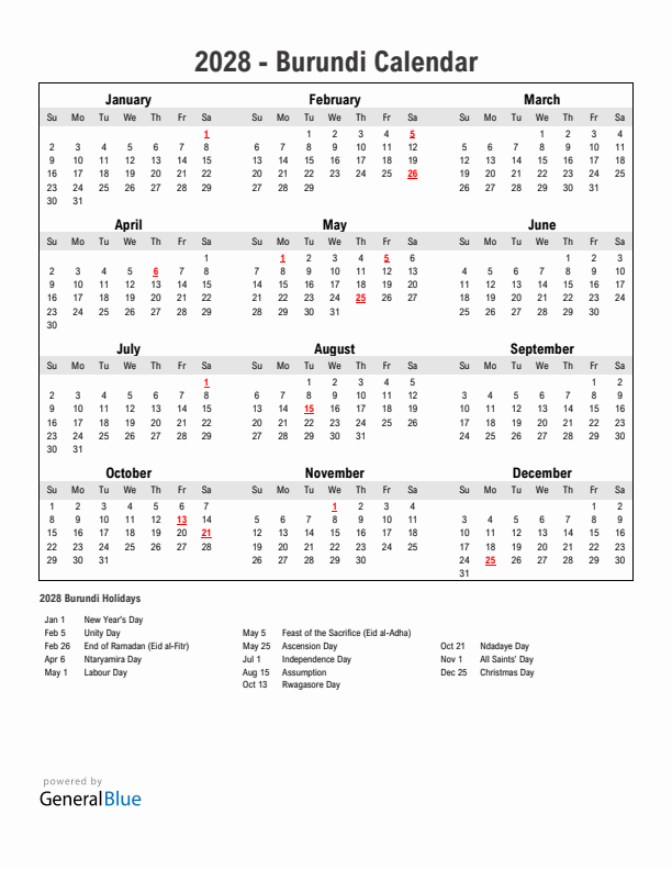 Year 2028 Simple Calendar With Holidays in Burundi