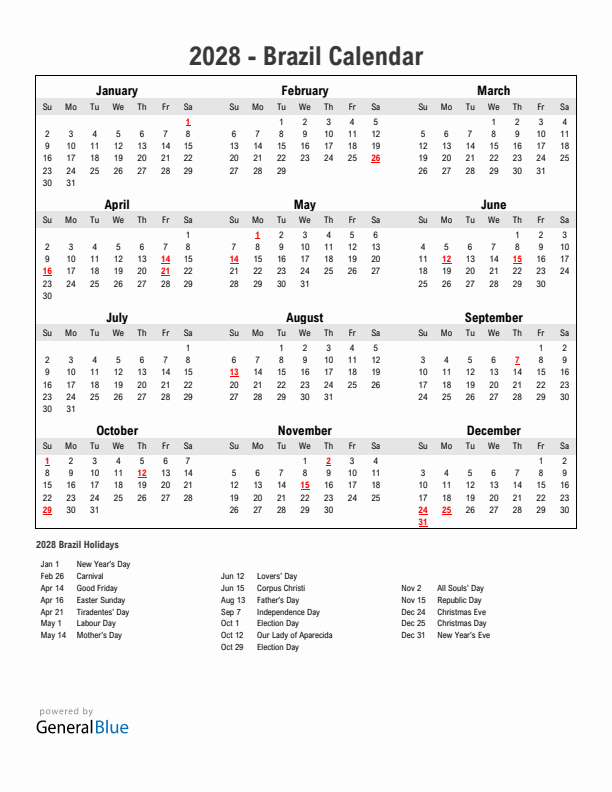 Year 2028 Simple Calendar With Holidays in Brazil