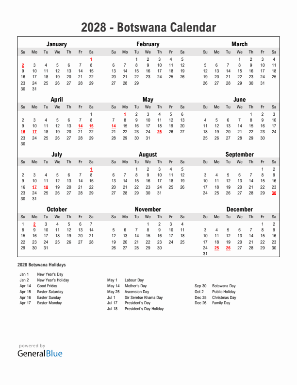 Year 2028 Simple Calendar With Holidays in Botswana