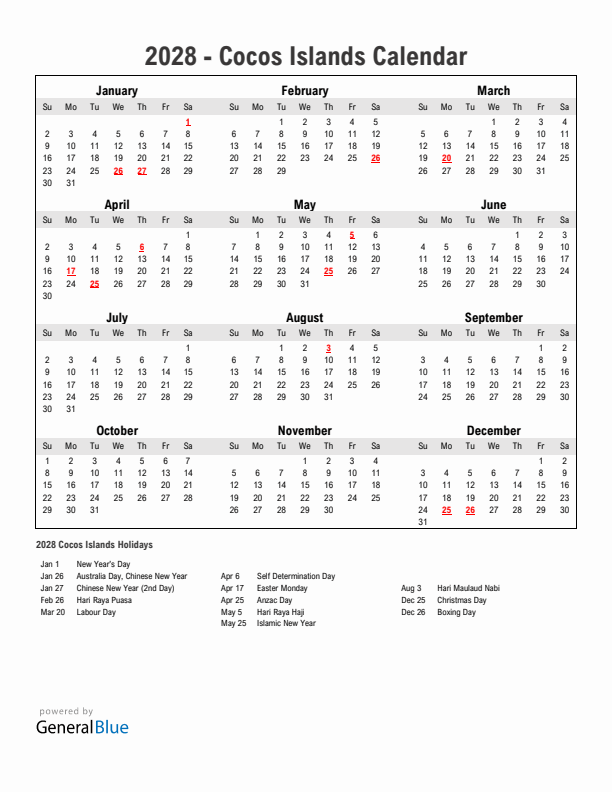 Year 2028 Simple Calendar With Holidays in Cocos Islands