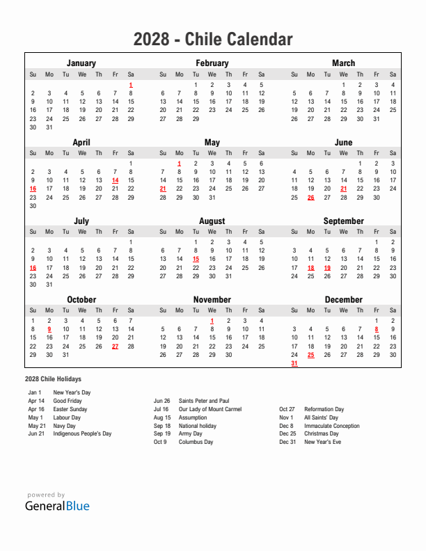 Year 2028 Simple Calendar With Holidays in Chile