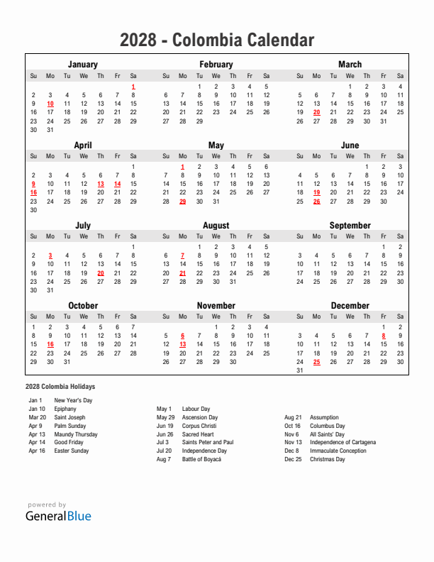 Year 2028 Simple Calendar With Holidays in Colombia