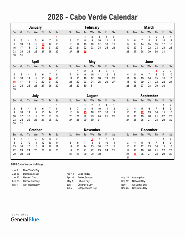 Year 2028 Simple Calendar With Holidays in Cabo Verde