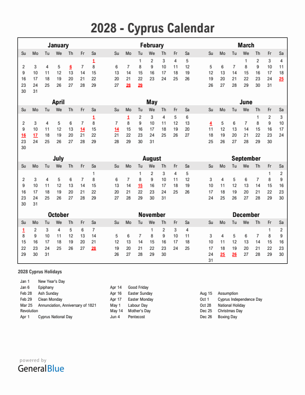 Year 2028 Simple Calendar With Holidays in Cyprus