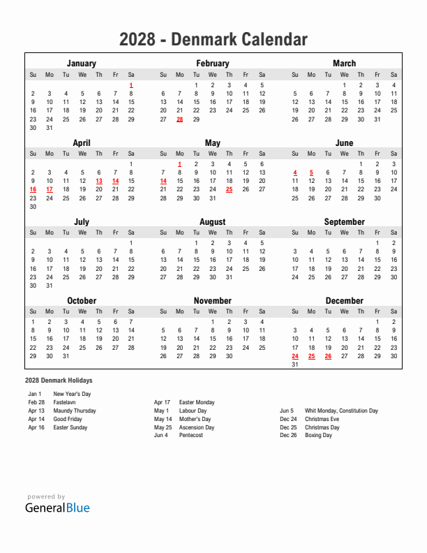 Year 2028 Simple Calendar With Holidays in Denmark