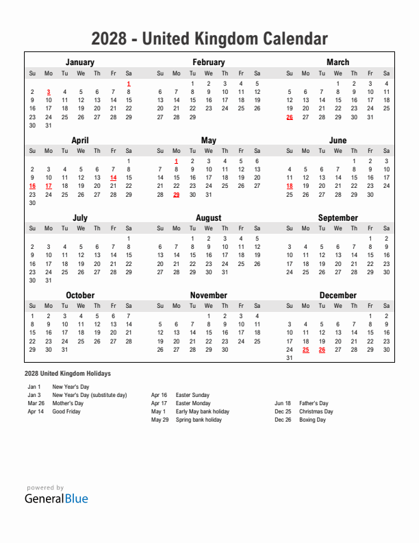 Year 2028 Simple Calendar With Holidays in United Kingdom