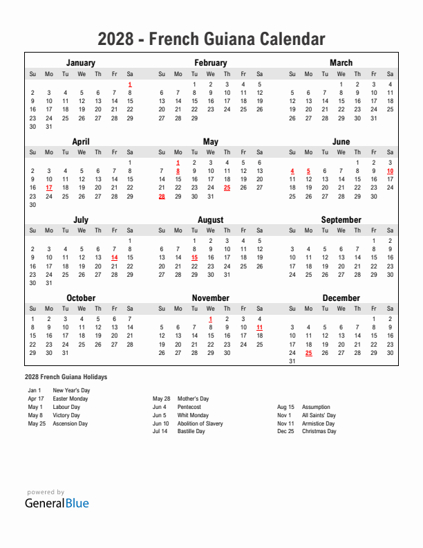 Year 2028 Simple Calendar With Holidays in French Guiana