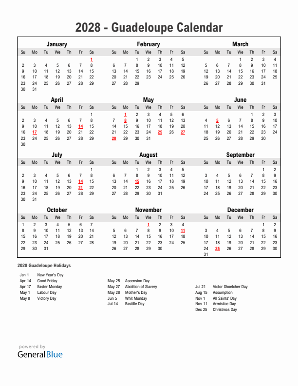 Year 2028 Simple Calendar With Holidays in Guadeloupe