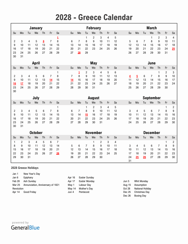 Year 2028 Simple Calendar With Holidays in Greece