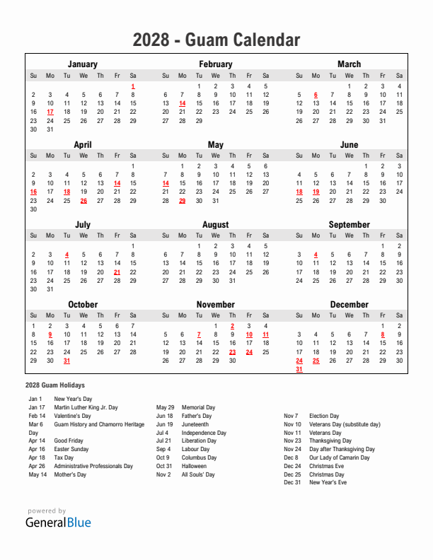 Year 2028 Simple Calendar With Holidays in Guam