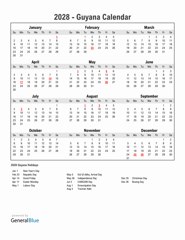 Year 2028 Simple Calendar With Holidays in Guyana