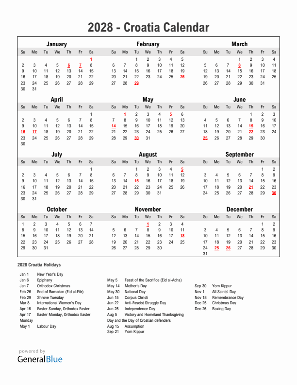 Year 2028 Simple Calendar With Holidays in Croatia