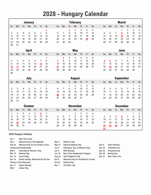 Year 2028 Simple Calendar With Holidays in Hungary