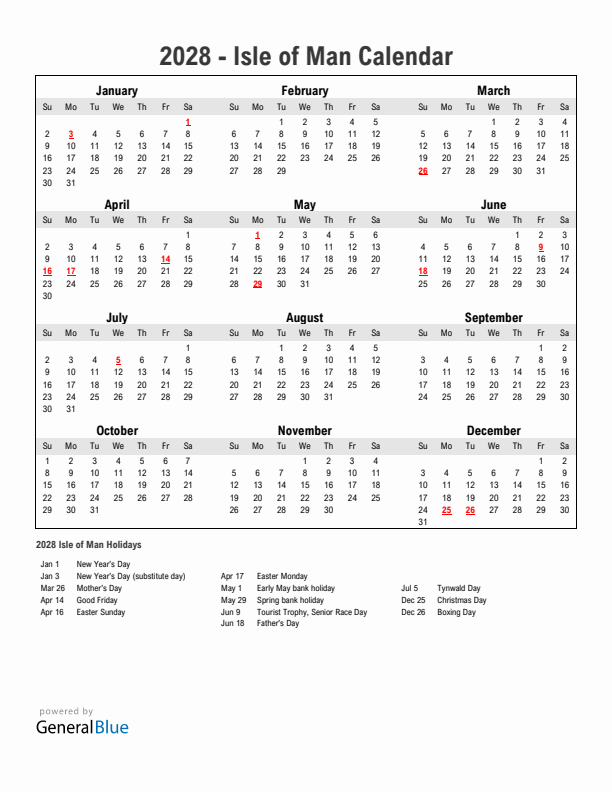 Year 2028 Simple Calendar With Holidays in Isle of Man