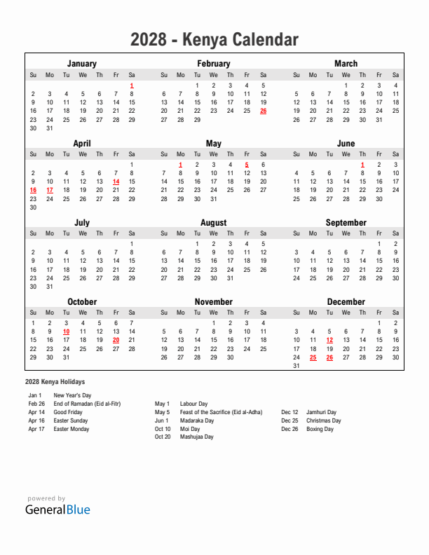 Year 2028 Simple Calendar With Holidays in Kenya