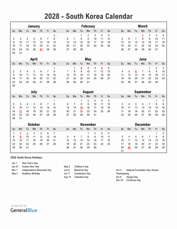 Year 2028 Simple Calendar With Holidays in South Korea